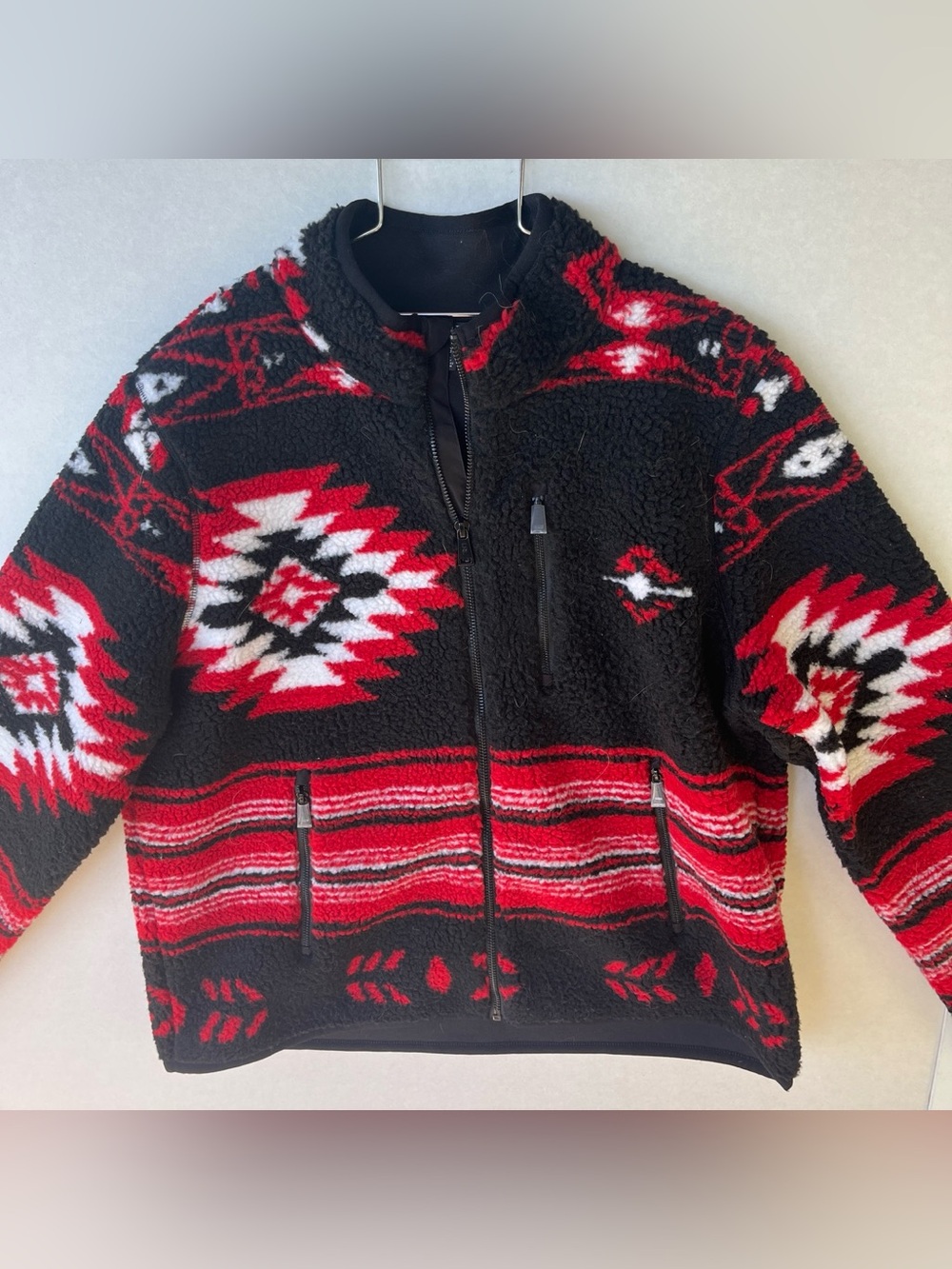 Lauren Ralph Lauren Black & Red Aztec Fleece Zip Jacket petite large